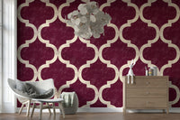 Cabernet red geometric wallpaper with Moroccan lattice design