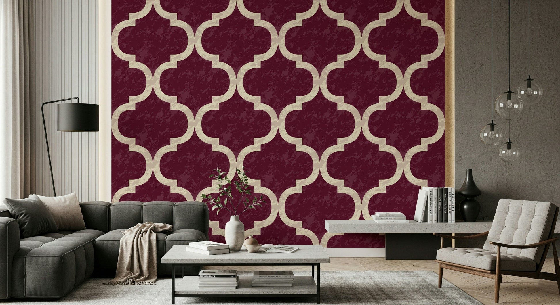 Deep burgundy Moroccan trellis wallpaper with ogee pattern