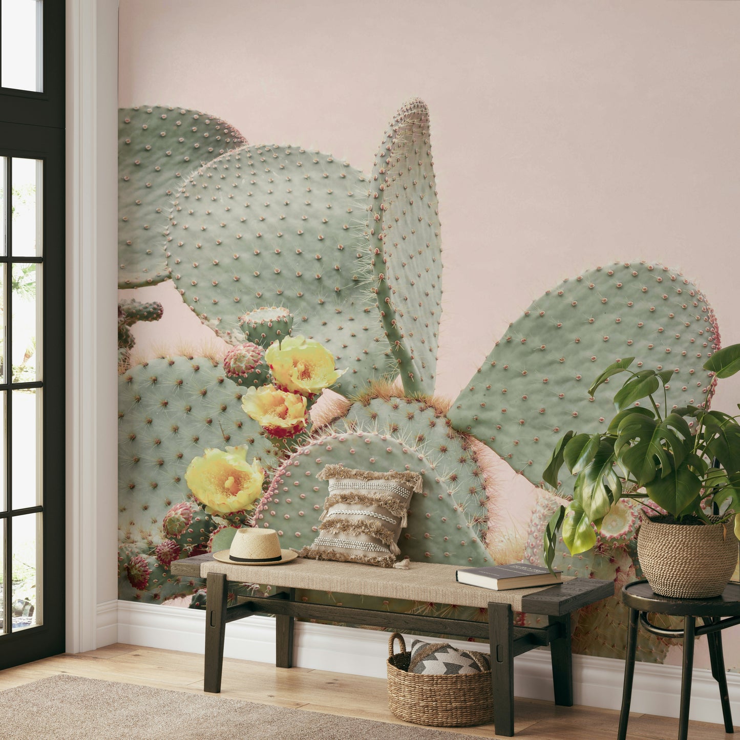 Cactus and flower design in the Cactus Blossom Dreams wall mural.

