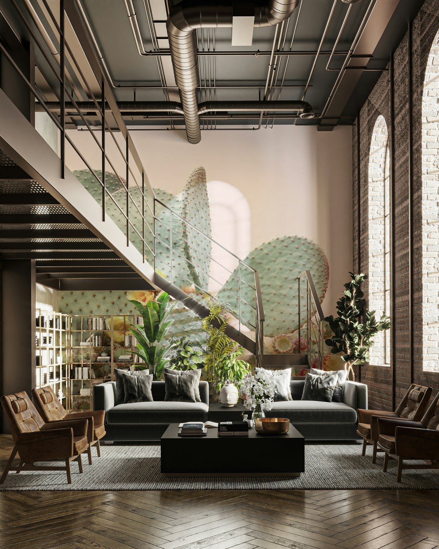 Desert-inspired wall mural with vibrant cactus and flowers.

