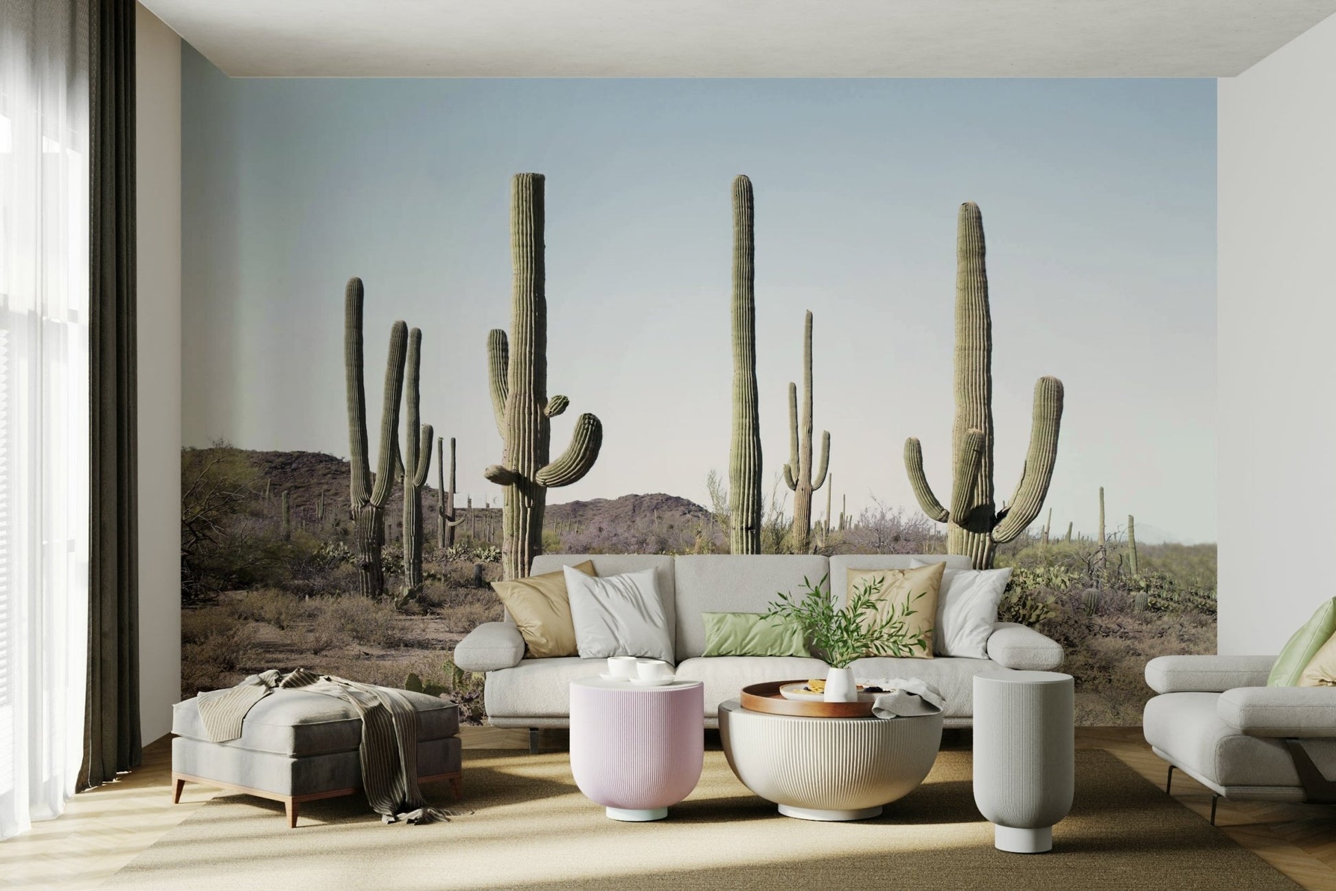 Unique Cactus Land mural with desert landscape design.

