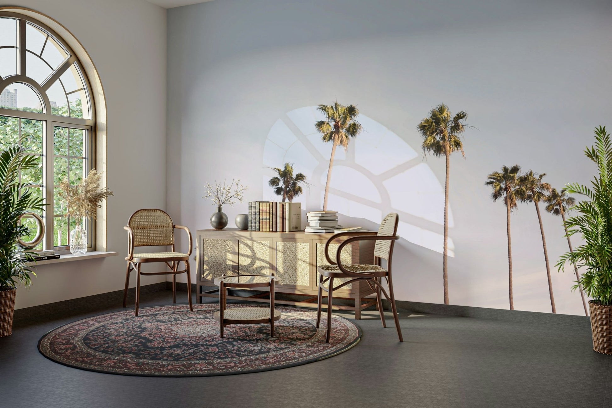 Warm sunset and palm tree California Dreaming wall mural.

