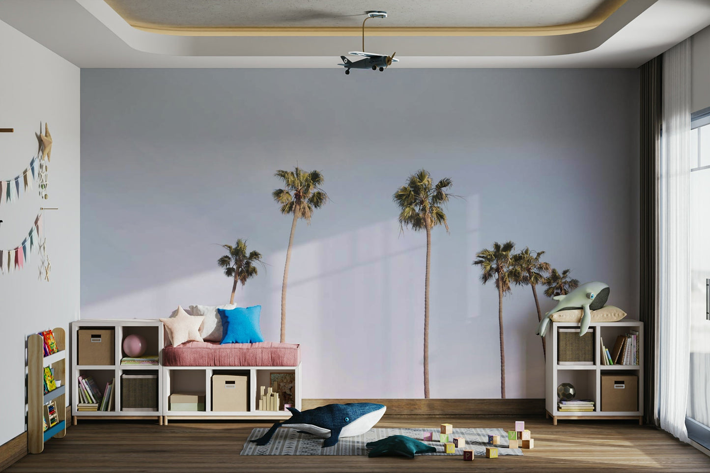 Sunset and coastal elements in the California Dreaming mural.

