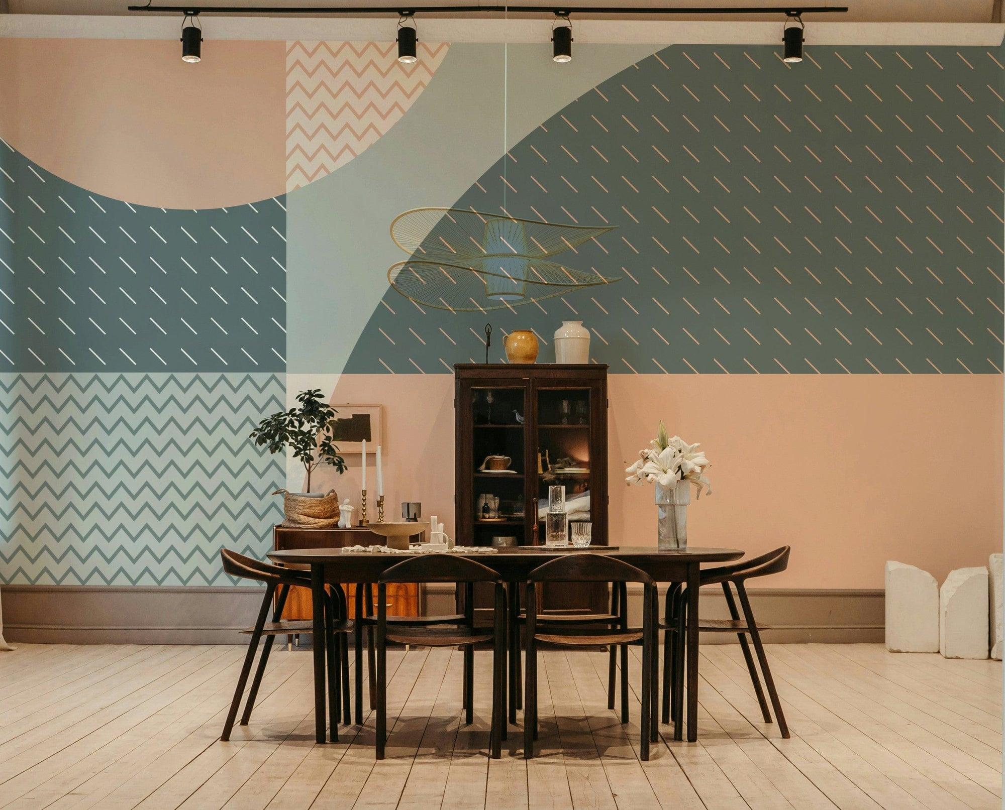 A peaceful wall mural with a geometric pattern.

