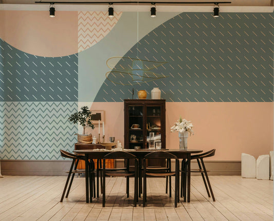 A peaceful wall mural with a geometric pattern.

