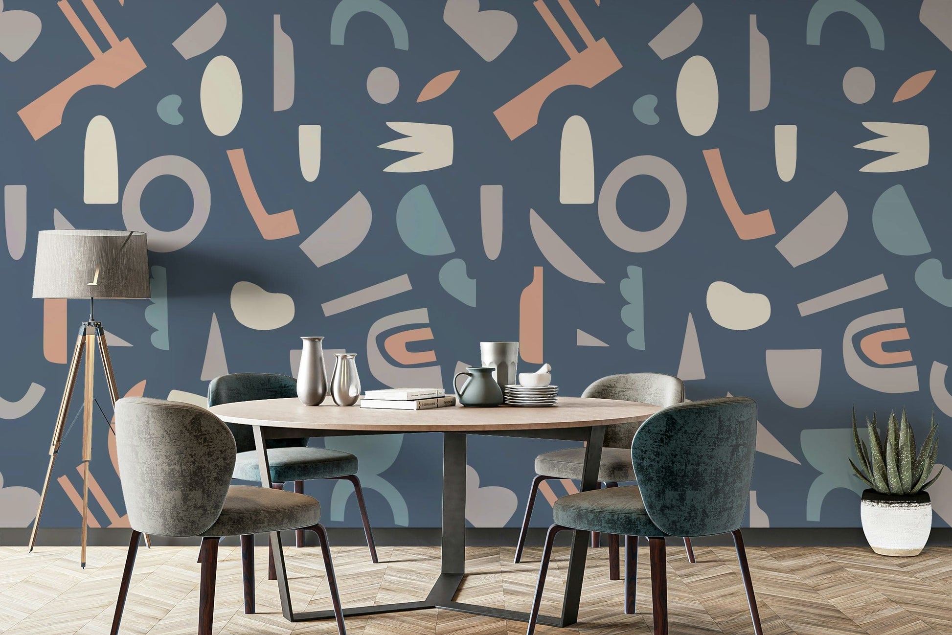 A peaceful wall mural with a modern, geometric design.

