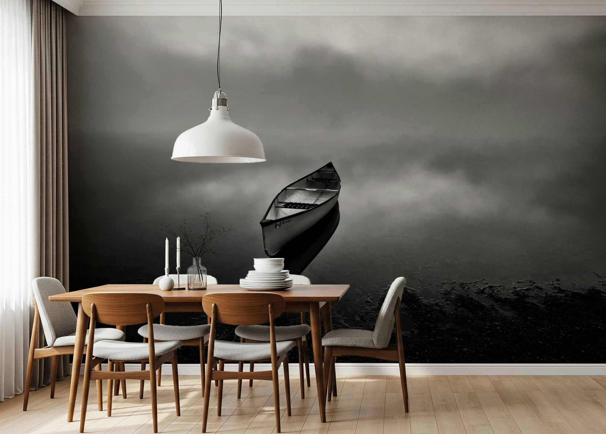 Foggy Voyage wallpaper mural of a lone canoe on a misty black and white lake behind a wood dining table in a dining room