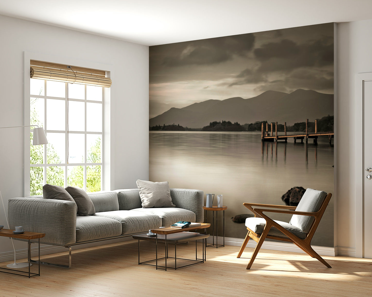 Derwentwater lake mural in reading nook, gentle color tones, modern wall decor style
