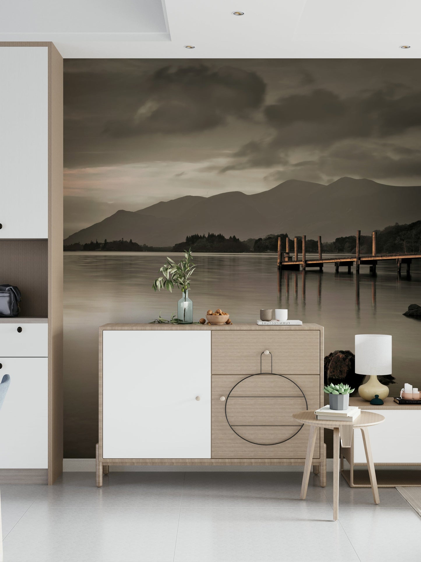 Calm lake landscape mural in hallway, light color palette, peaceful wall decor feature