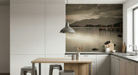 Mountain lake wallpaper mural in dining area, soft color scenery, modern apartment wall decor