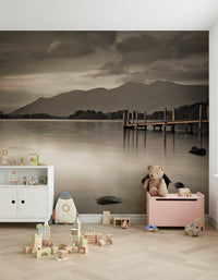 Lakeside mural for minimalist office, soft color gradients, clean modern wall decor