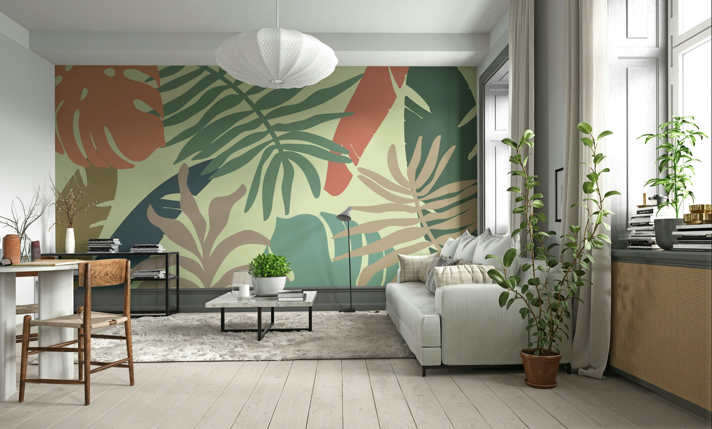 A calming foliage design wallpaper mural that defines a space.

