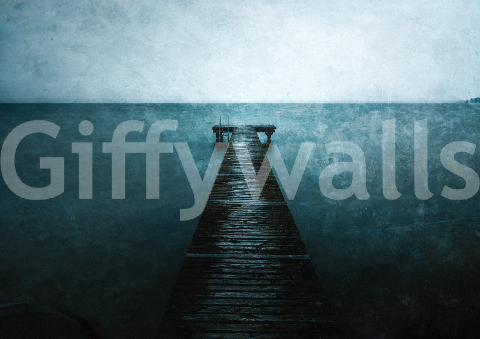 Pier's Edge Wall Mural in entryway, modern console table, calm ocean landscape