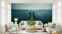 Scenic pier wall mural in workspace, matte-look finish, modern coastal wall decor