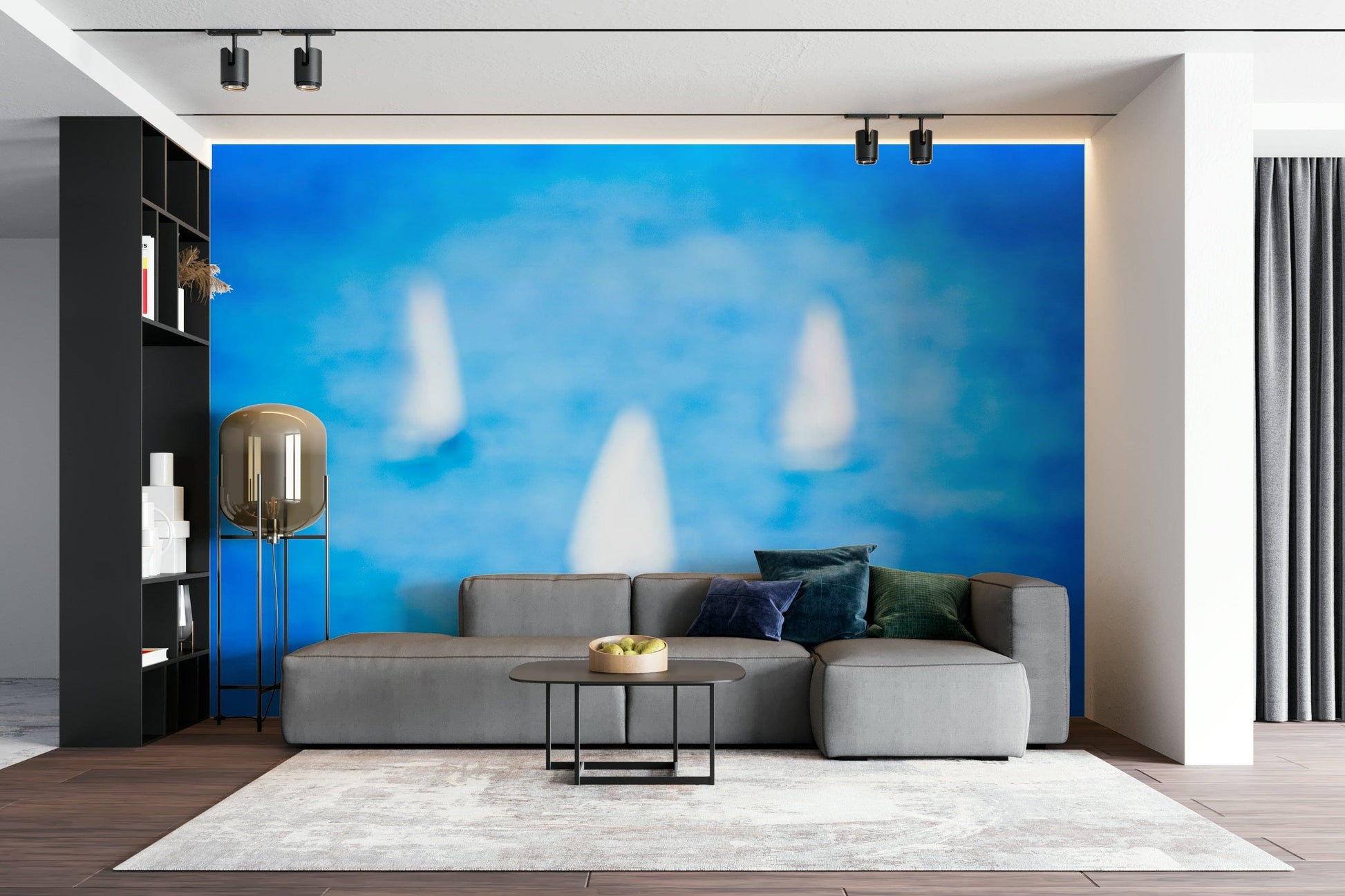 An artistic sailboat image mural on minimalist wallpaper.

