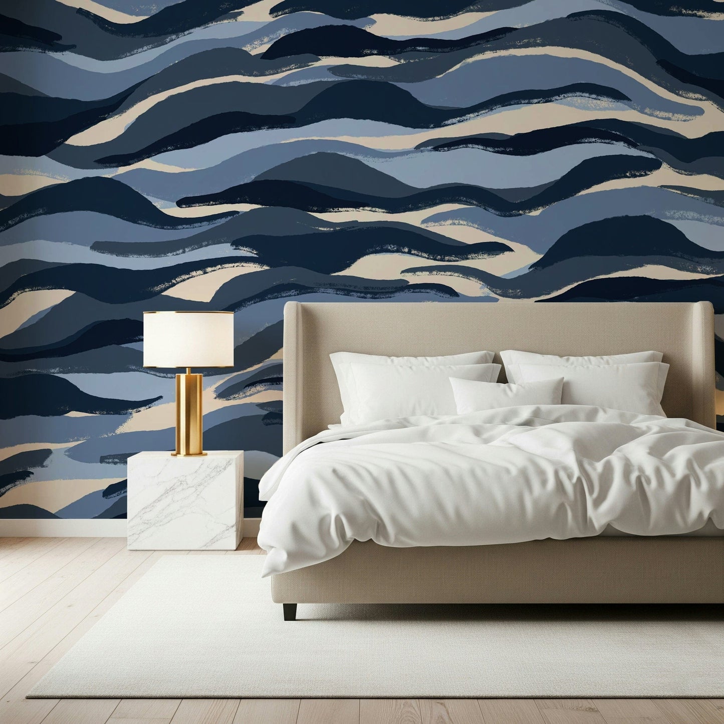 An artistic fluid pattern mural on minimalist wallpaper.
