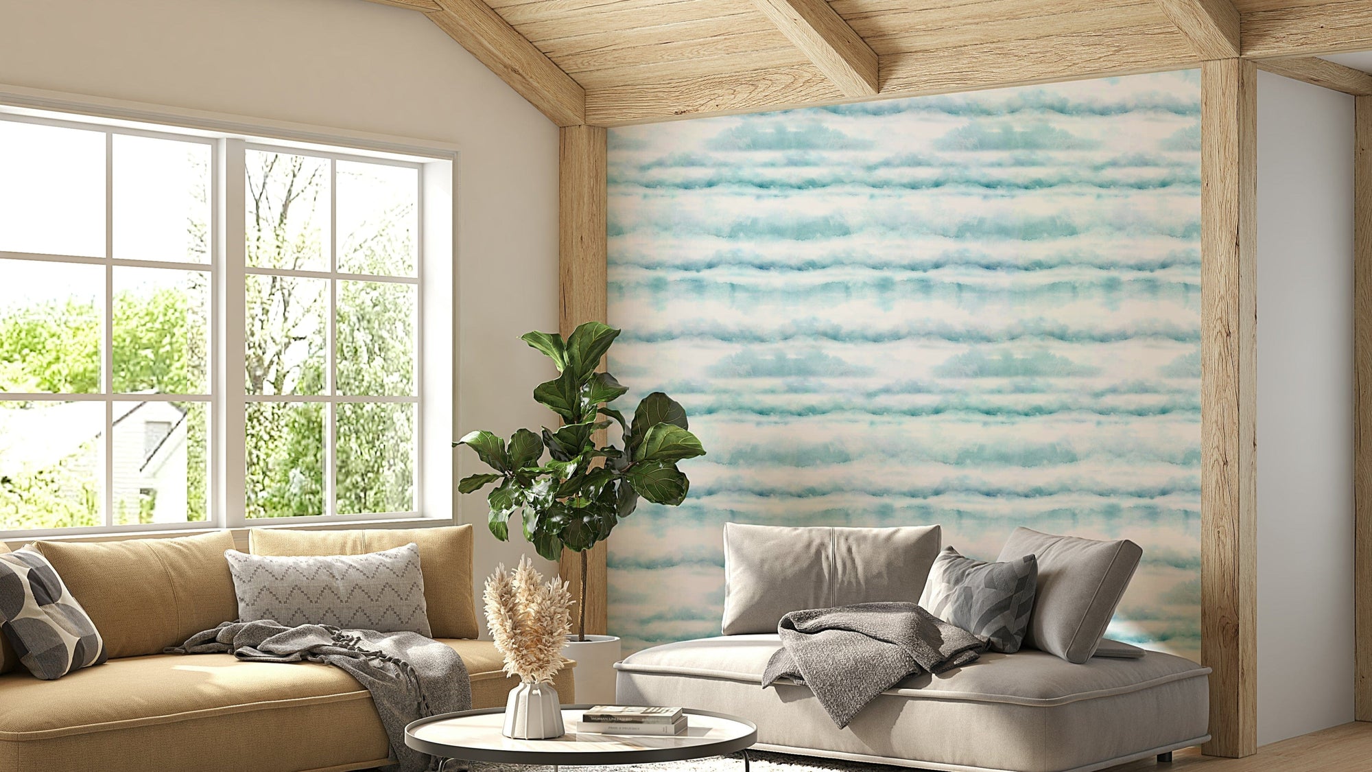 A nursery decorated with a clouds mural

