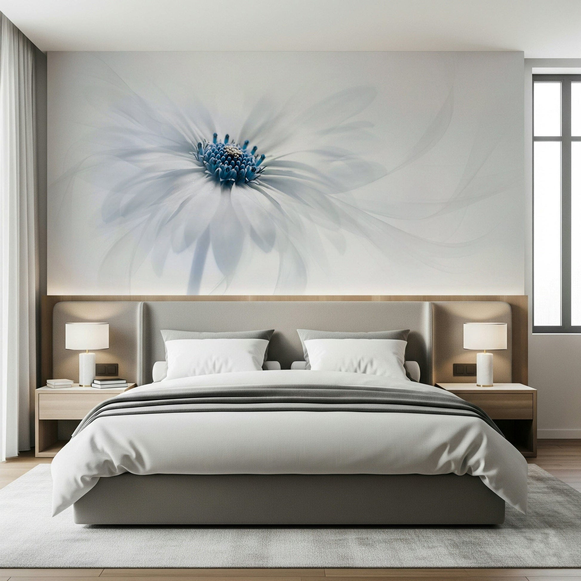 A peaceful flower design mural on decorative wallpaper.

