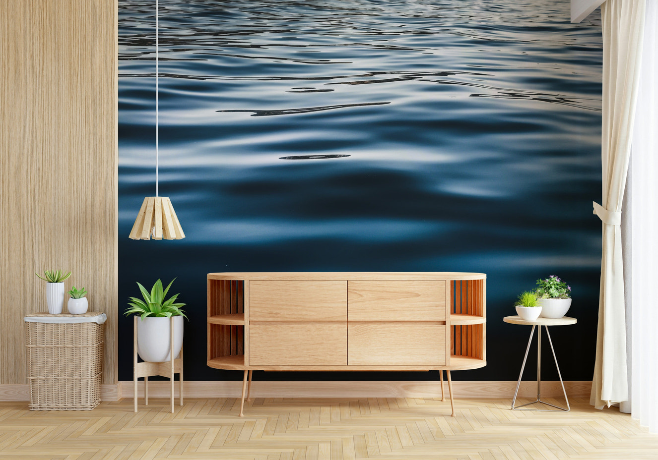 Wall mural with realistic water textures and gradient blue tones creating a calming aquatic ambiance.