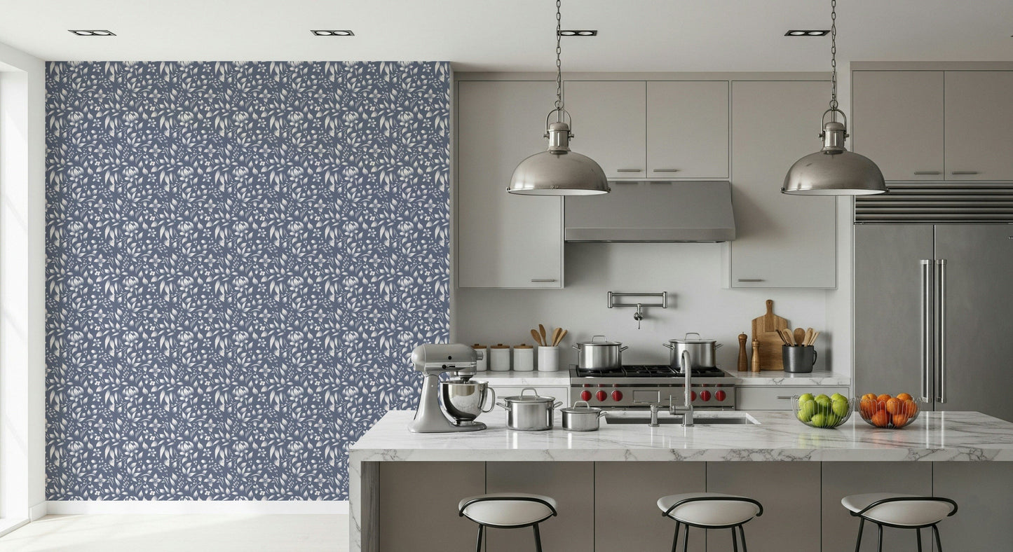 Nature-inspired wallpaper with gentle, hand-drawn foliage in a uniform pattern.