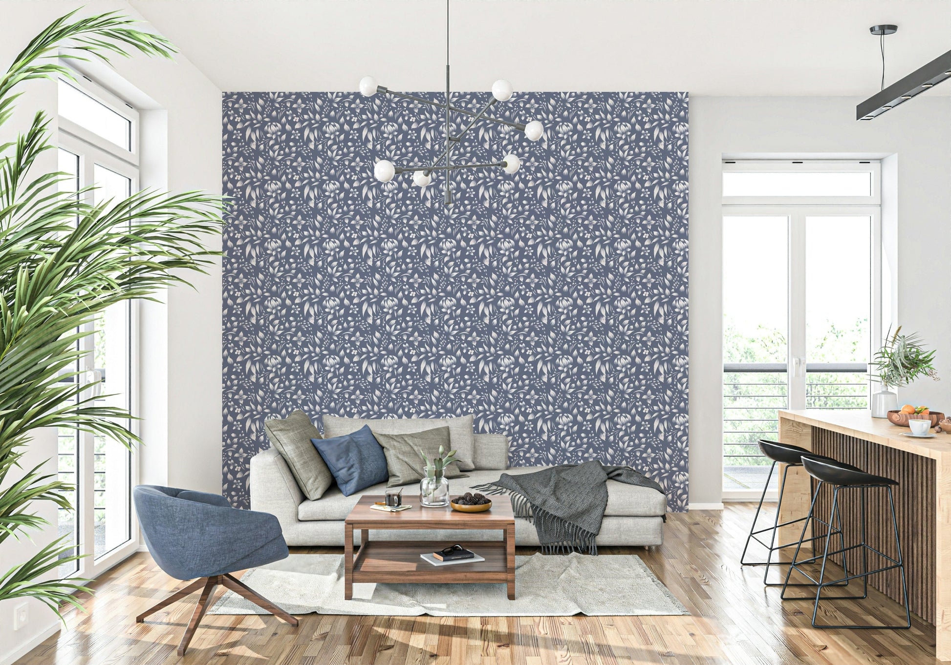 Elegant leafy wallpaper with repeating floral silhouettes in calming neutral tones.