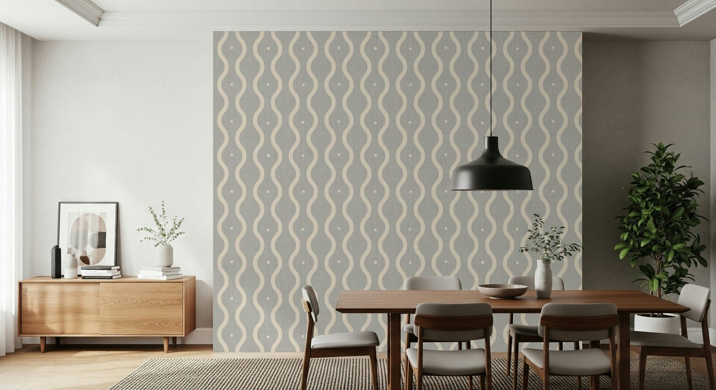 Distinctive wall covering, refined grey, peaceful curvy motif.