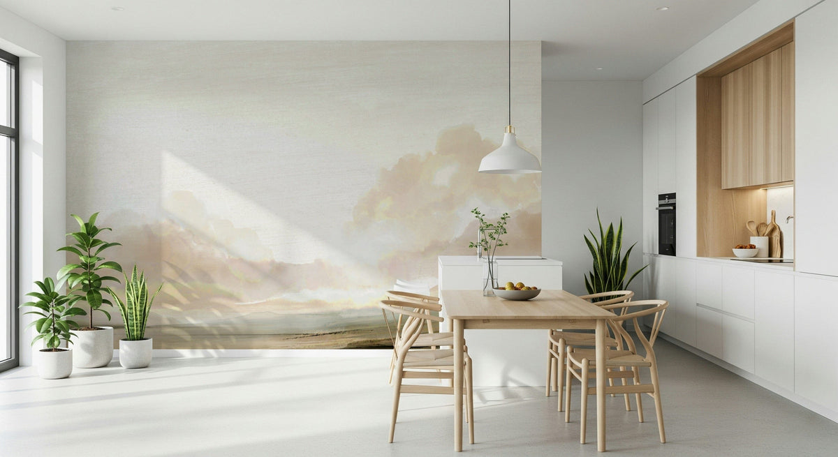 Tranquil Horizon wallpaper mural of a soft cream cloudy sky behind a light wood dining table and wishbone chairs in a kitchen