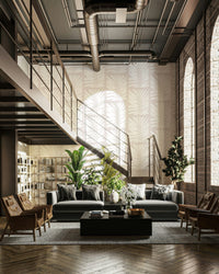 A peaceful wall mural with a soft, botanical scene.

