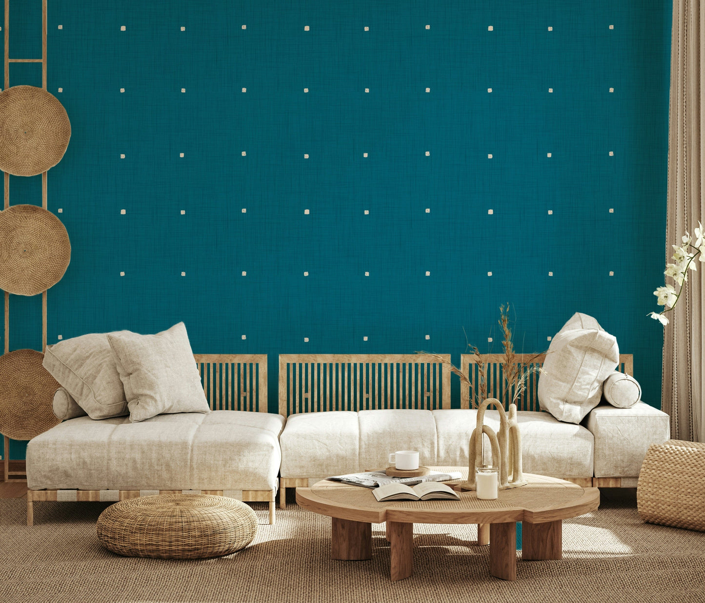 Rich blue green linen texture wallcovering grid effect.