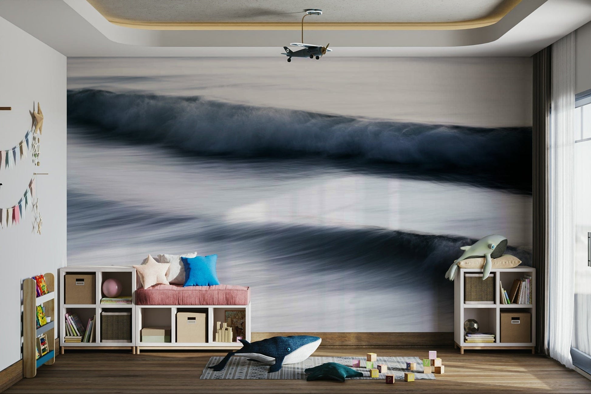 A peaceful open ocean mural on decorative wallpaper.


