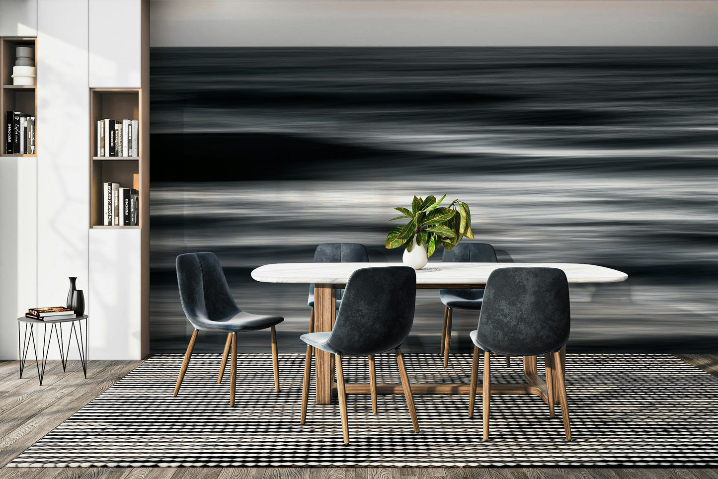 A minimalist home office with the abstract wave wallpaper.


