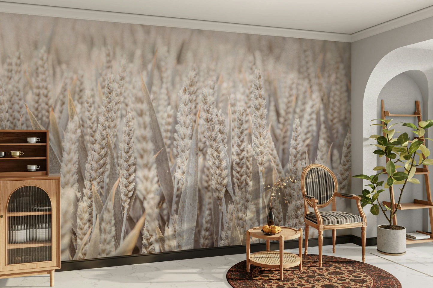 A minimalist interior with the grain field wallpaper.


