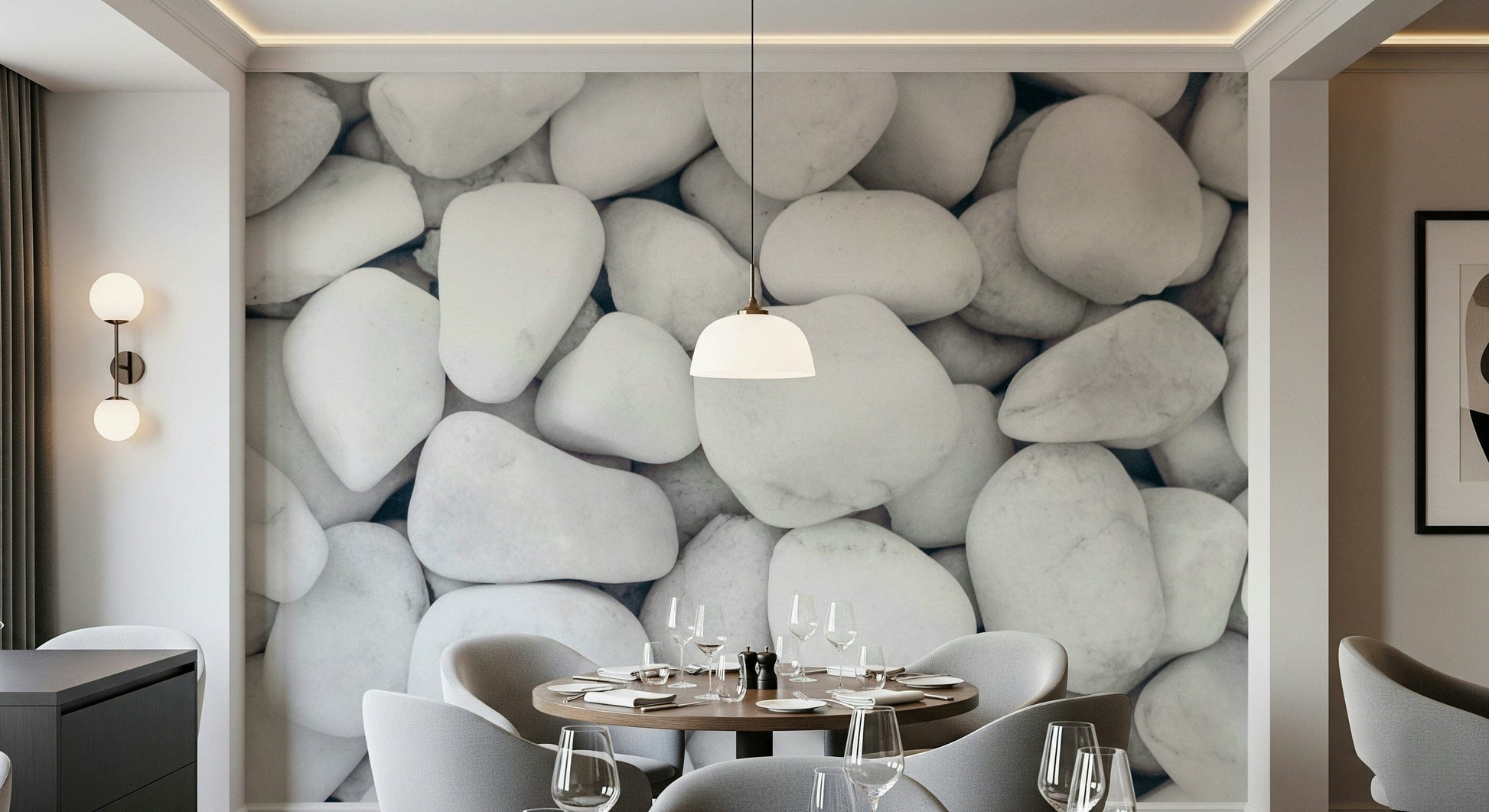 White Pebble Dream wallpaper perfect for bedrooms, bathrooms, or spa-like rooms.