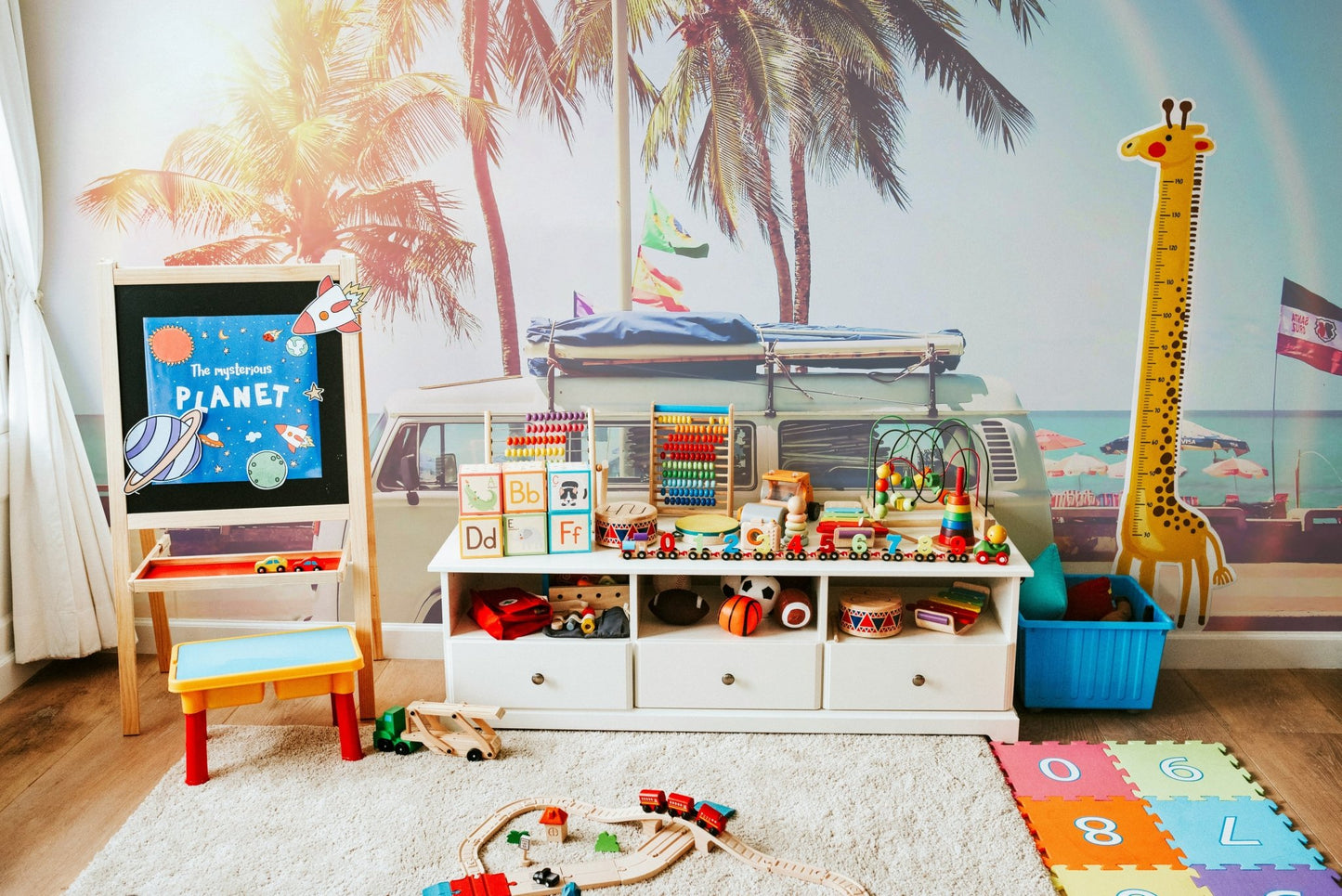 Vintage-inspired camper van mural with bright colors.

