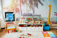 Vintage-inspired camper van mural with bright colors.

