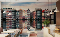 Canal City Calm Wall Mural in soft blue tones, peaceful city wallpaper for a living room wall