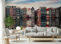 Installed Canal City Calm Wall Mural on feature wall, calm city wallpaper for modern interiors