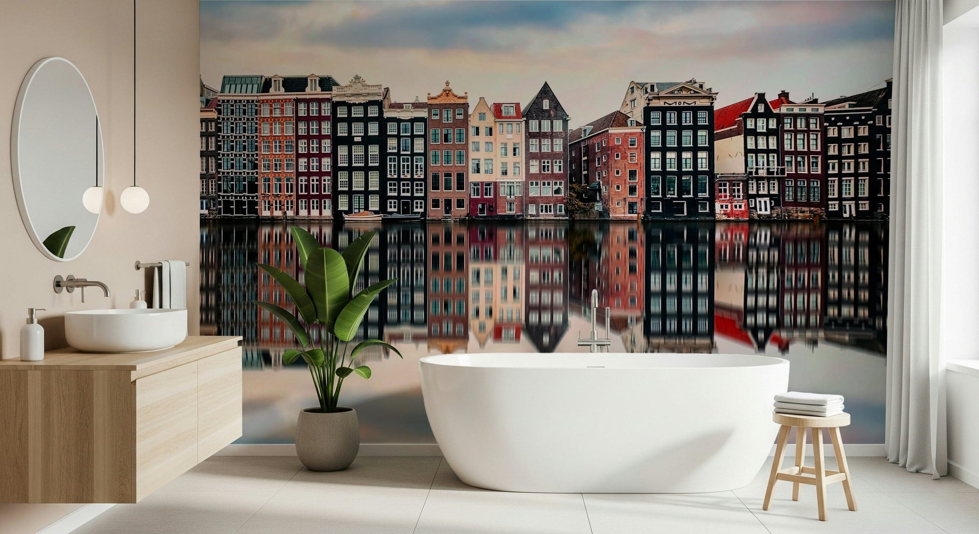 Canal City Calm Wall Mural featuring calm waterfront streets, timeless city wallpaper style