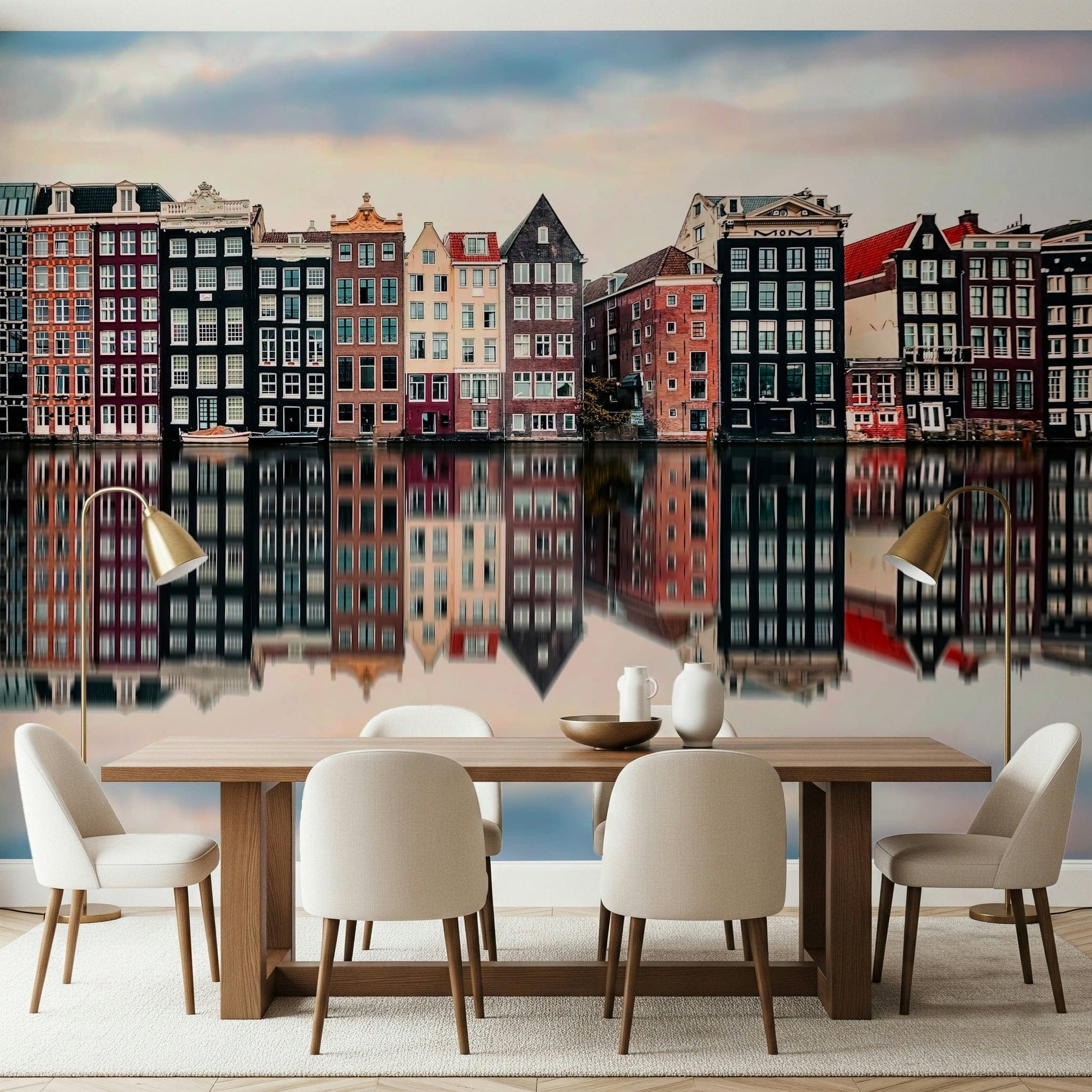 Detail of Canal City Calm Wall Mural texture and shading, matte finish city wallpaper look