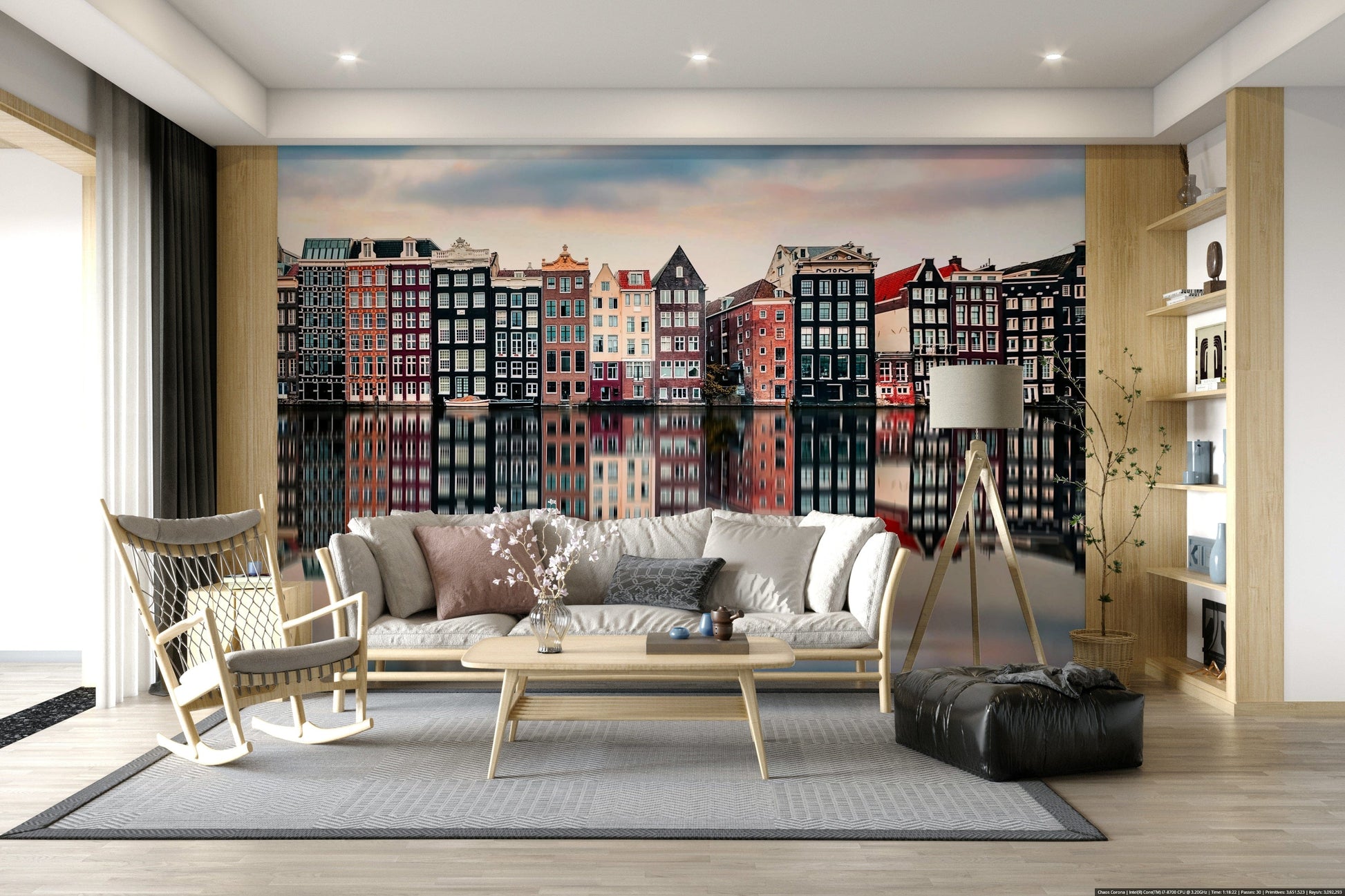Wide view of Canal City Calm Wall Mural, serene canal scene city wallpaper for home office