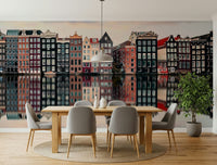 Close-up of Canal City Calm Wall Mural showing water reflections, calming city wallpaper design
