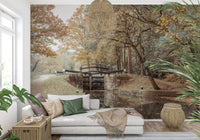 Nursery feature wall with gentle canal mural, soft color palette and minimal style