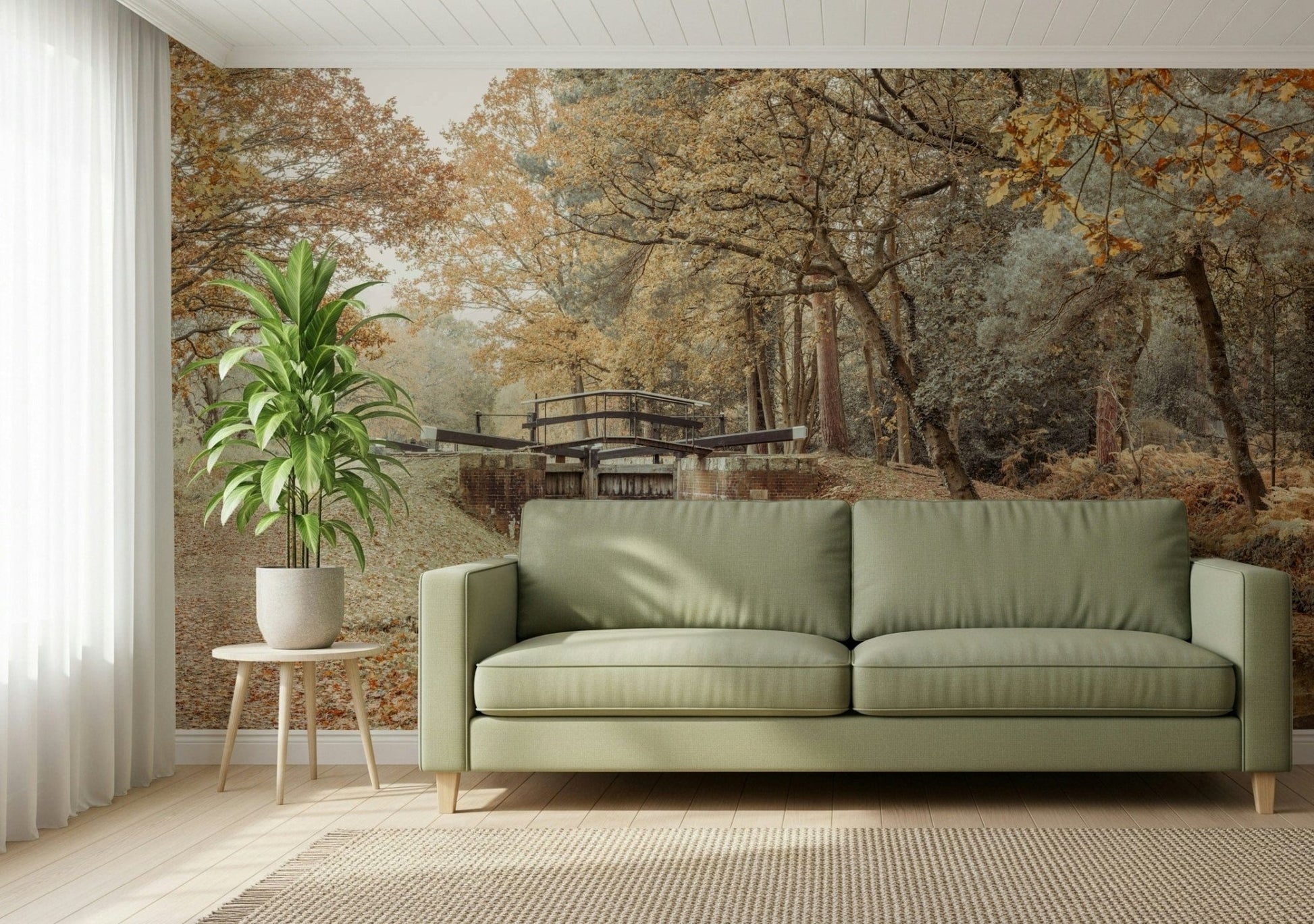 Hallway wall decor with canal scene mural, airy modern look in light blues