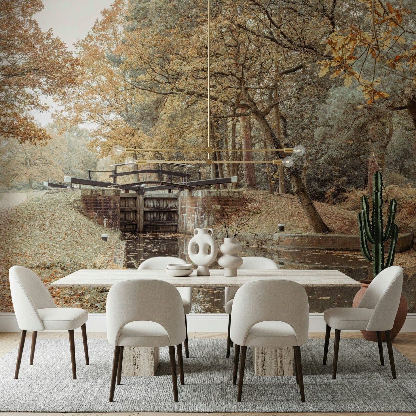 Entryway wall with canal mural, modern decor, muted blue water and buildings