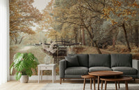 Reading nook with canal mural wallpaper, modern apartment decor in cool tones