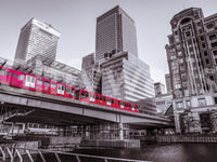 Famous Canary Wharf, London landmark picture, impressive skyscraper covering.