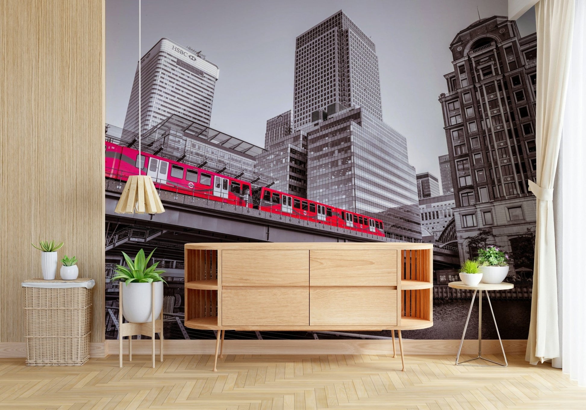 Canary Wharf, London red train wall mural, striking skyline view.