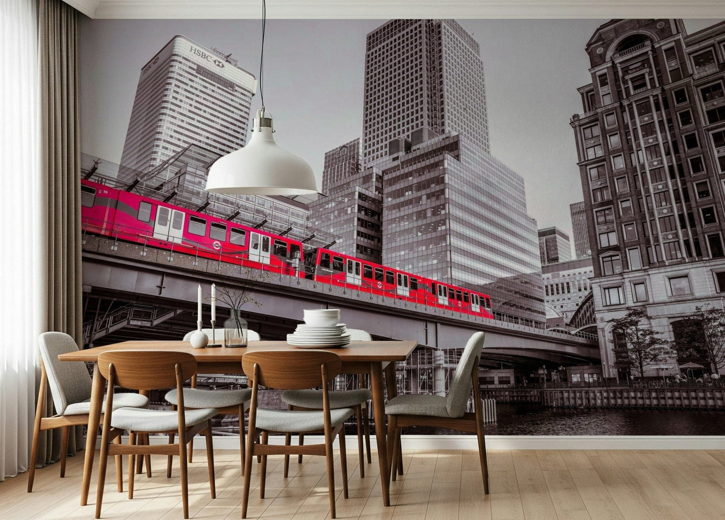 Vibrant Canary Wharf, London DLR train on bridge, city architecture.