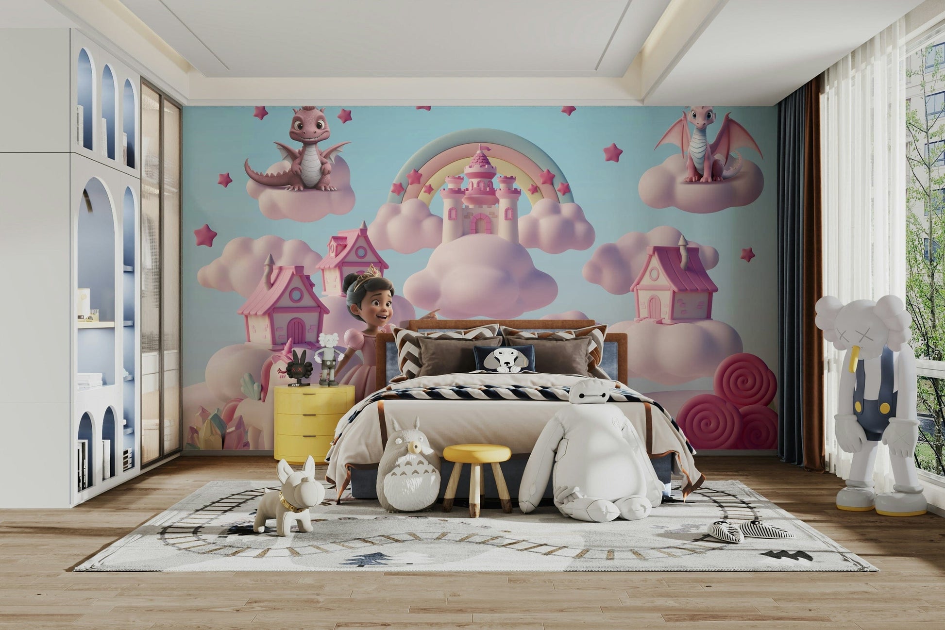 The design features friendly cartoon dragons and candy-like castles.

