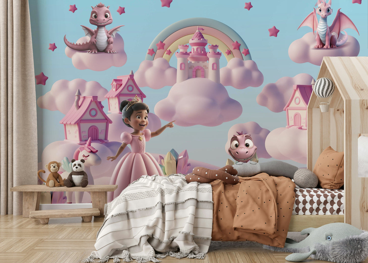 A cheerful wall mural with a whimsical, fantasy design.

